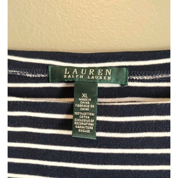 Lauren Ralph Lauren Size XL Blue Stripe Top Womens Boat Neck White Short Sleeve - Picture 2 of 5